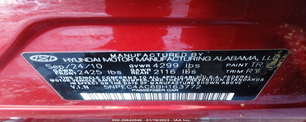 5NPEC4AC6BH163772 2011 HYUNDAI SONATA photo no. 9