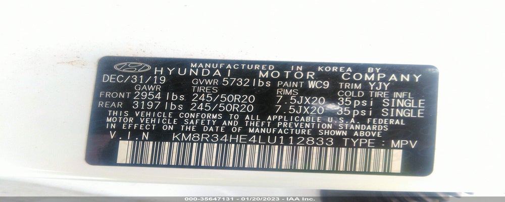 KM8R34HE4LU112833 2020 HYUNDAI PALISADE photo no. 9