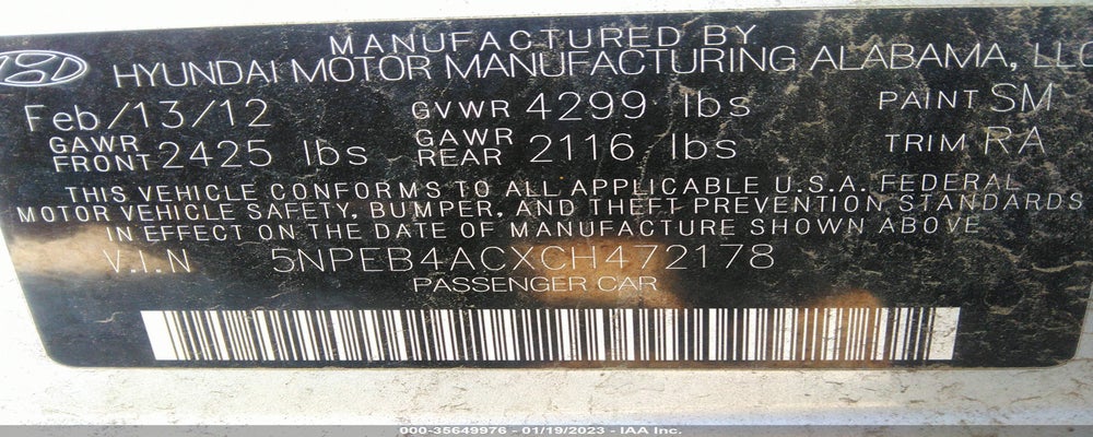 5NPEB4ACXCH472178 2012 HYUNDAI SONATA photo no. 9
