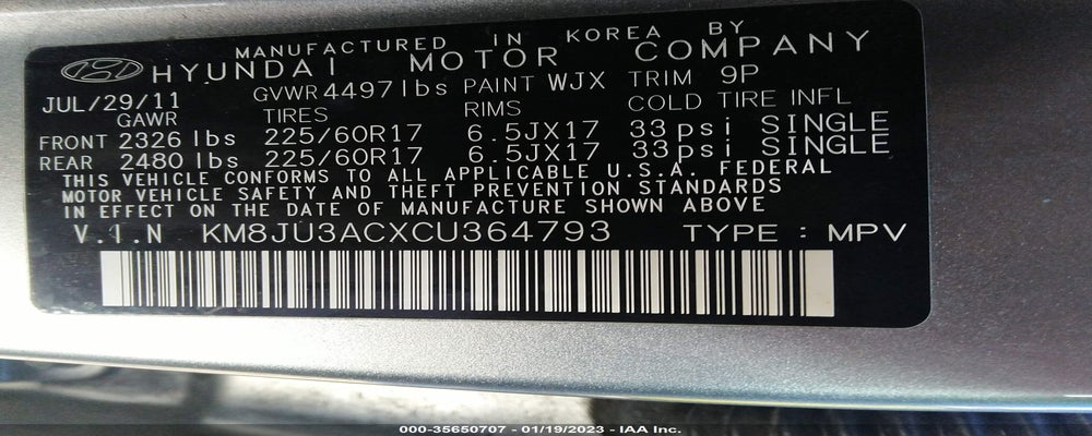KM8JU3ACXCU364793 2012 HYUNDAI TUCSON photo no. 9