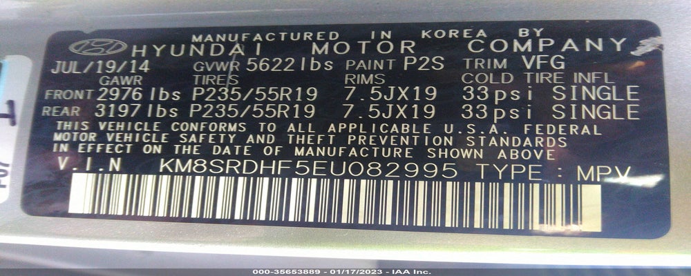 KM8SRDHF5EU082995 2014 HYUNDAI SANTA FE photo no. 9