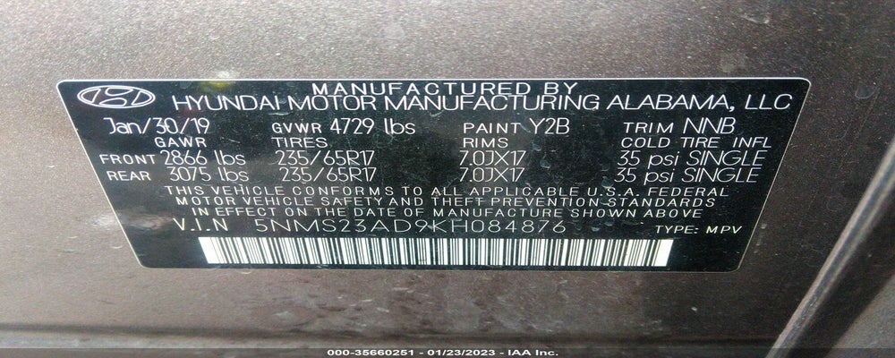 5NMS23AD9KH084876 2019 HYUNDAI SANTA FE photo no. 9