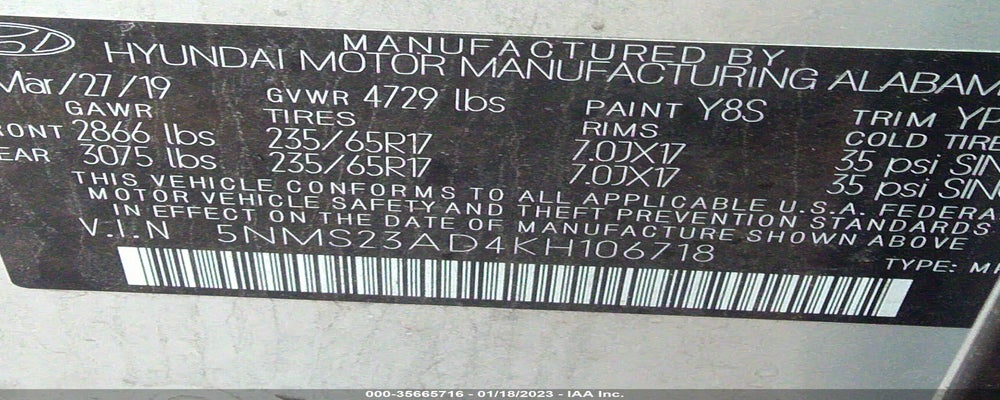 5NMS23AD4KH106718 2019 HYUNDAI SANTA FE photo no. 9