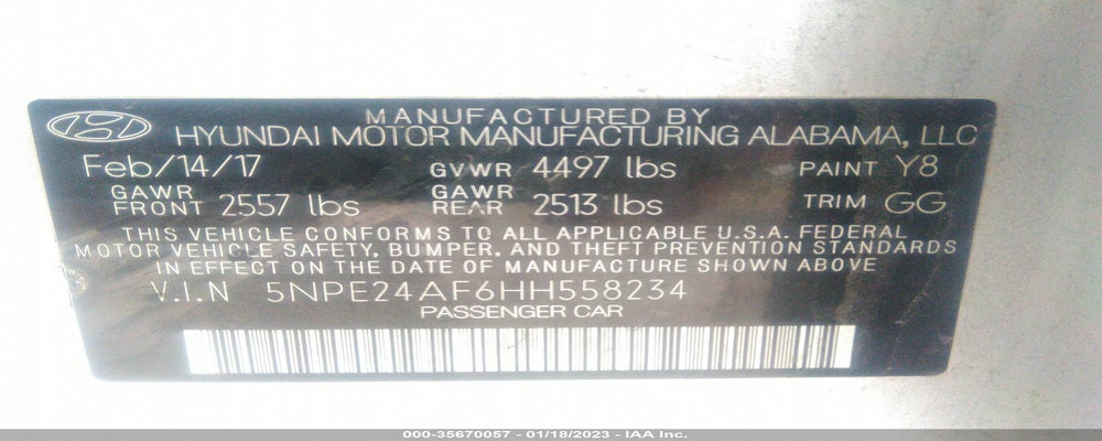 5NPE24AF6HH558234 2017 HYUNDAI SONATA photo no. 9