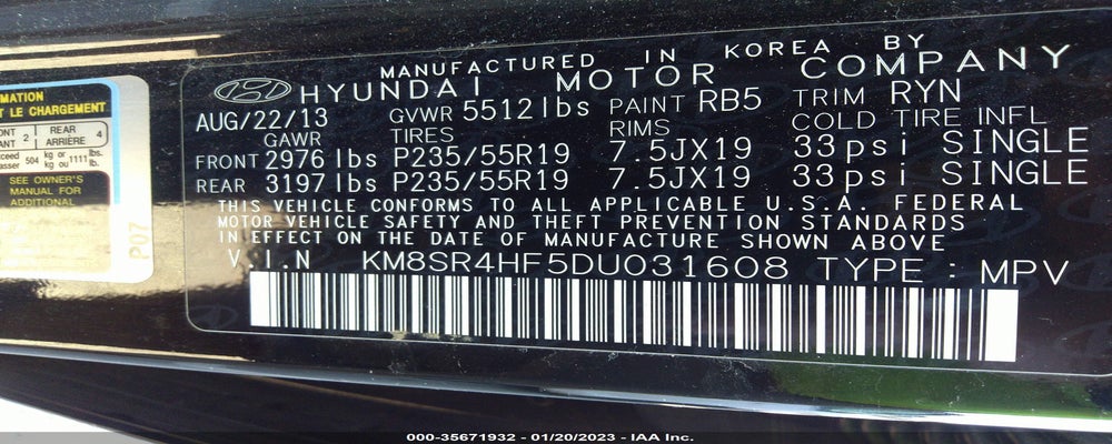 KM8SR4HF5DU031608 2013 HYUNDAI SANTA FE photo no. 9