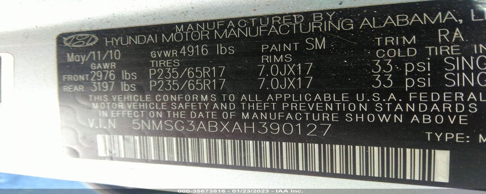 5NMSG3ABXAH390127 2010 HYUNDAI SANTA FE photo no. 9