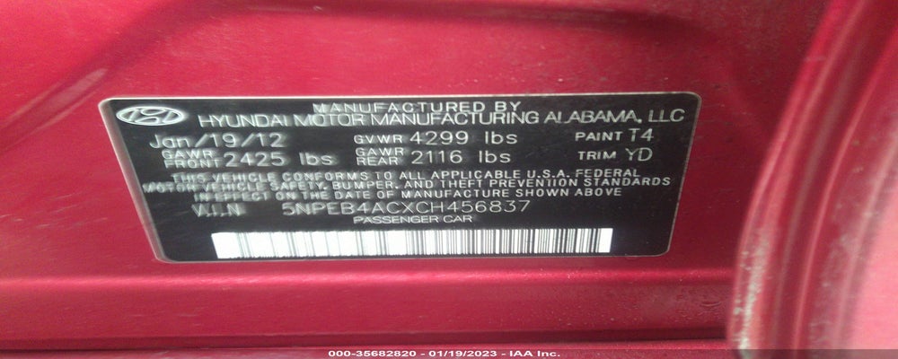 5NPEB4ACXCH456837 2012 HYUNDAI SONATA photo no. 9