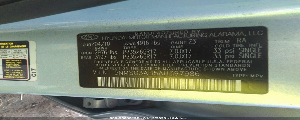 5NMSG3AB5AH397986 2010 HYUNDAI SANTA FE photo no. 9