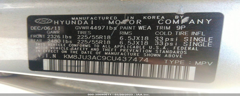 KM8JU3AC9CU437474 2012 HYUNDAI TUCSON photo no. 9