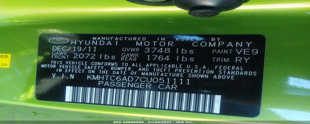 KMHTC6AD7CU051111 2012 HYUNDAI VELOSTER photo no. 9