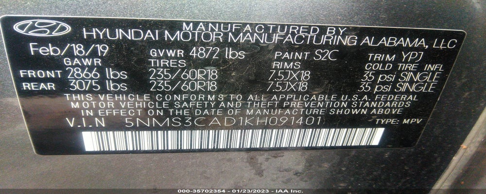 5NMS3CAD1KH091401 2019 HYUNDAI SANTA FE photo no. 9