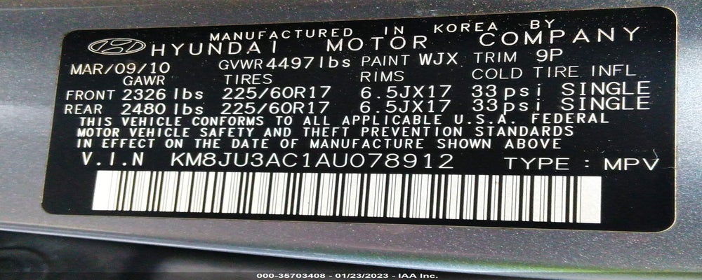 KM8JU3AC1AU078912 2010 HYUNDAI TUCSON photo no. 9