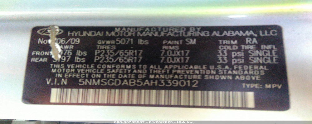 5NMSGDAB5AH339012 2010 HYUNDAI SANTA FE photo no. 9