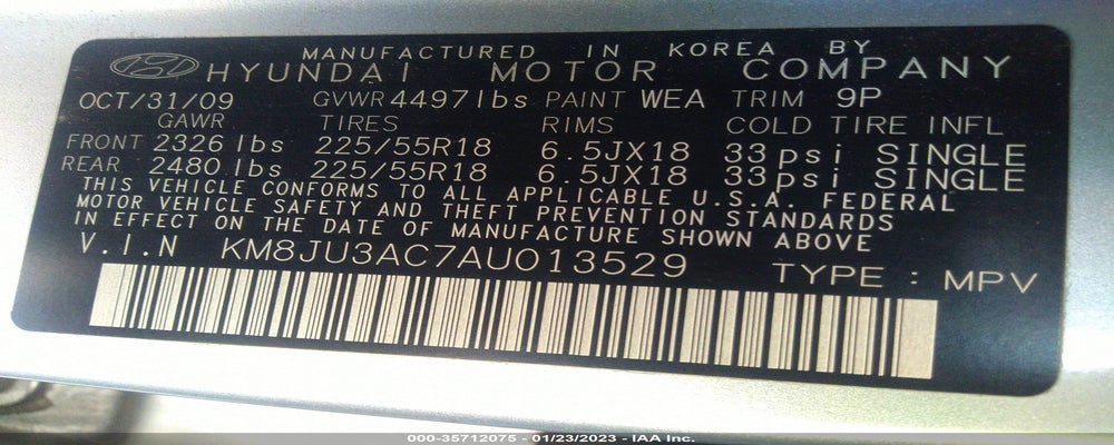 KM8JU3AC7AU013529 2010 HYUNDAI TUCSON photo no. 9