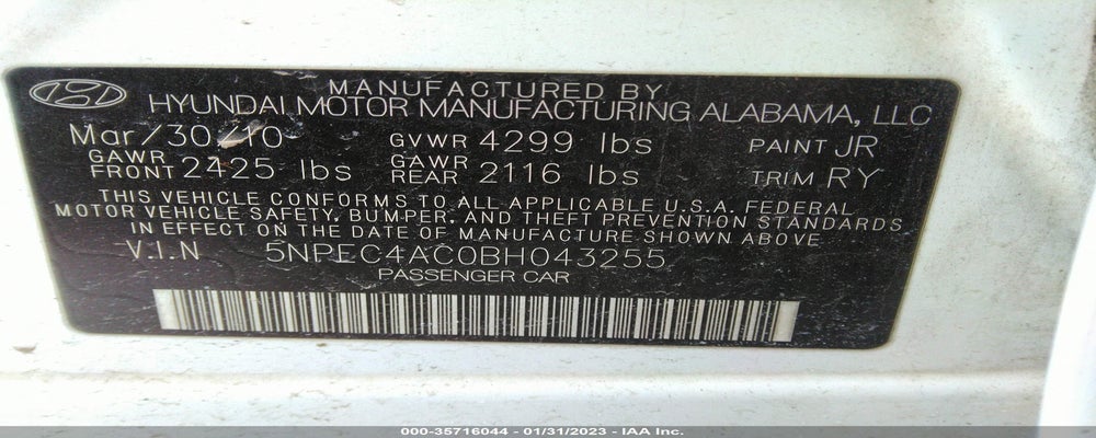 5NPEC4AC0BH043255 2011 HYUNDAI SONATA photo no. 9