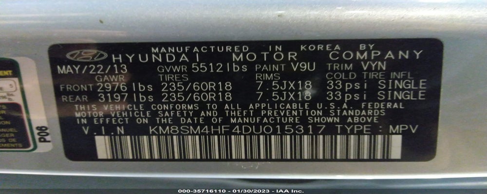 KM8SM4HF4DU015317 2013 HYUNDAI SANTA FE photo no. 9