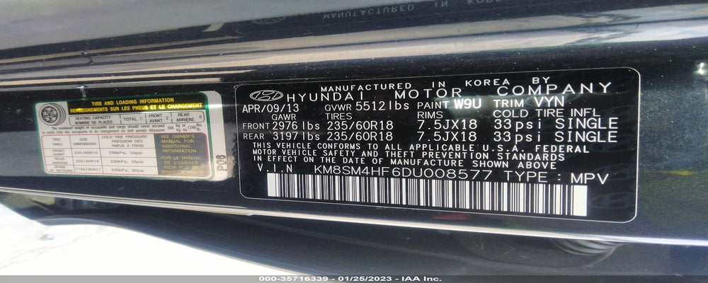 KM8SM4HF6DU008577 2013 HYUNDAI SANTA FE photo no. 9