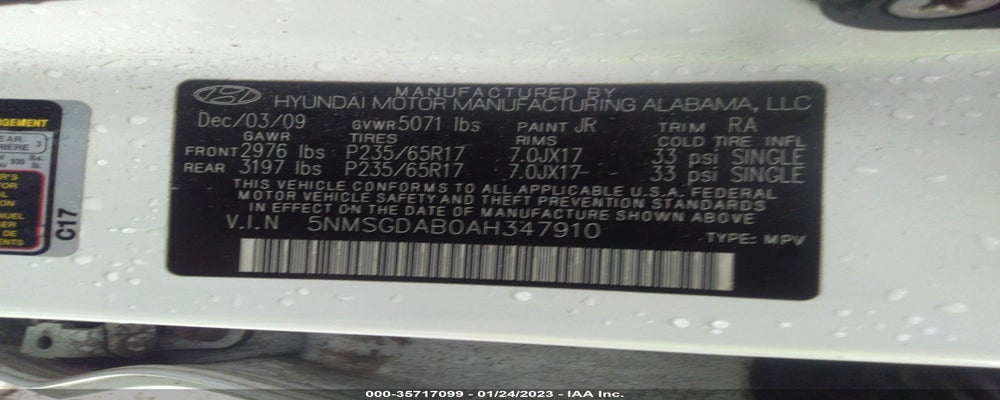 5NMSGDAB0AH347910 2010 HYUNDAI SANTA FE photo no. 9