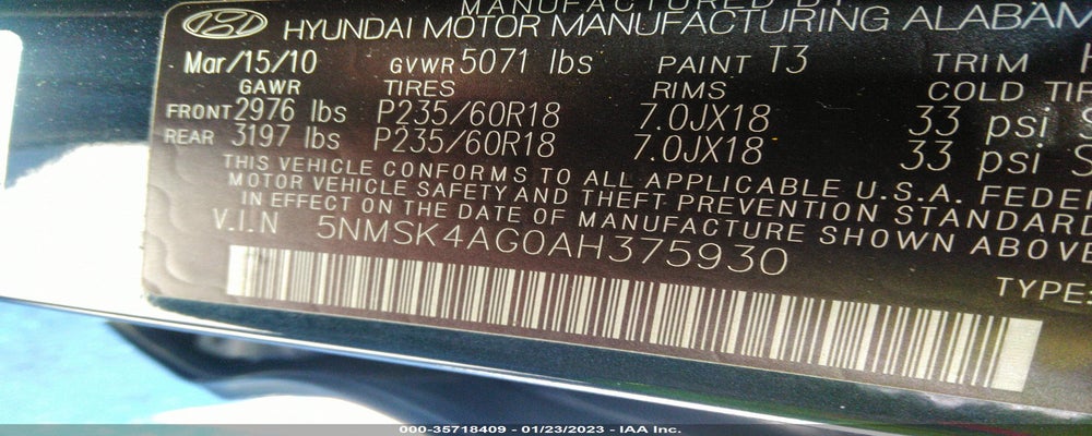 5NMSK4AG0AH375930 2010 HYUNDAI SANTA FE photo no. 9