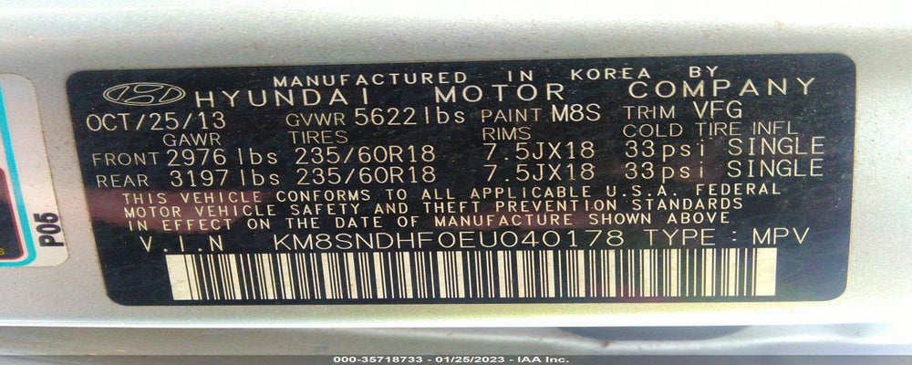 KM8SNDHF0EU040178 2014 HYUNDAI SANTA FE photo no. 9