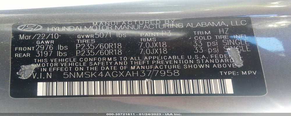 5NMSK4AGXAH377958 2010 HYUNDAI SANTA FE photo no. 9