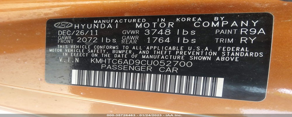 KMHTC6AD9CU052700 2012 HYUNDAI VELOSTER photo no. 9