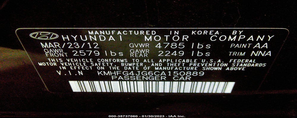 KMHFG4JG6CA150889 2012 HYUNDAI AZERA photo no. 9