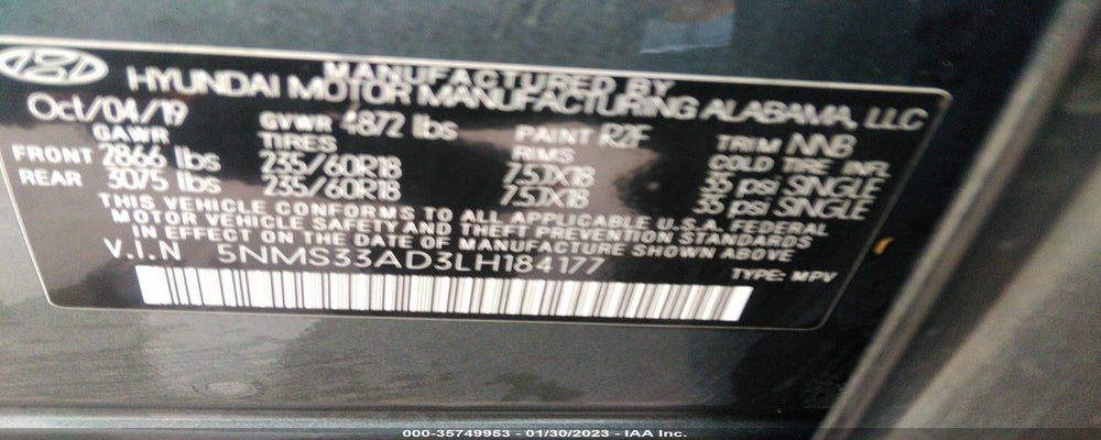 5NMS33AD3LH184177 2020 HYUNDAI SANTA FE photo no. 9