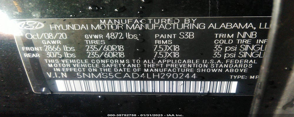 5NMS5CAD4LH290244 2020 HYUNDAI SANTA FE photo no. 9