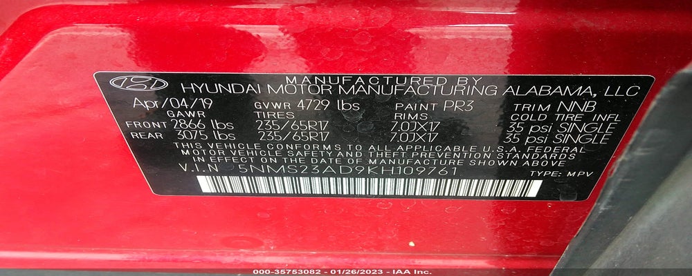 5NMS23AD9KH109761 2019 HYUNDAI SANTA FE photo no. 9