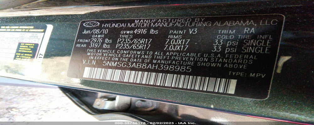 5NMSG3AB8AH398985 2010 HYUNDAI SANTA FE photo no. 9