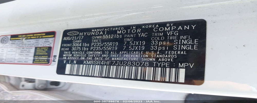 KM8SR4HF7JU283078 2018 HYUNDAI SANTA FE photo no. 9