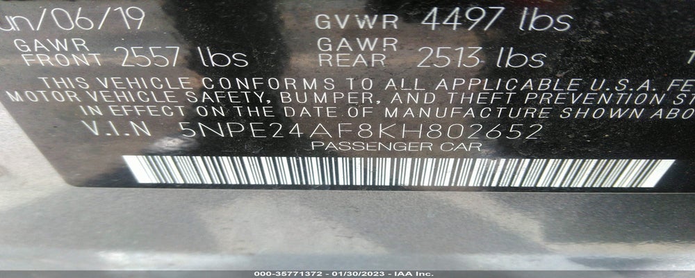 5NPE24AF8KH802652 2019 HYUNDAI SONATA photo no. 9