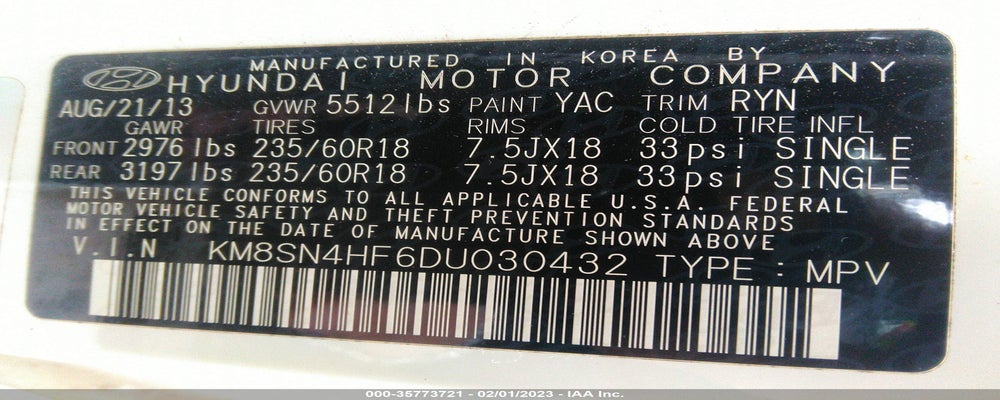 KM8SN4HF6DU030432 2013 HYUNDAI SANTA FE photo no. 9