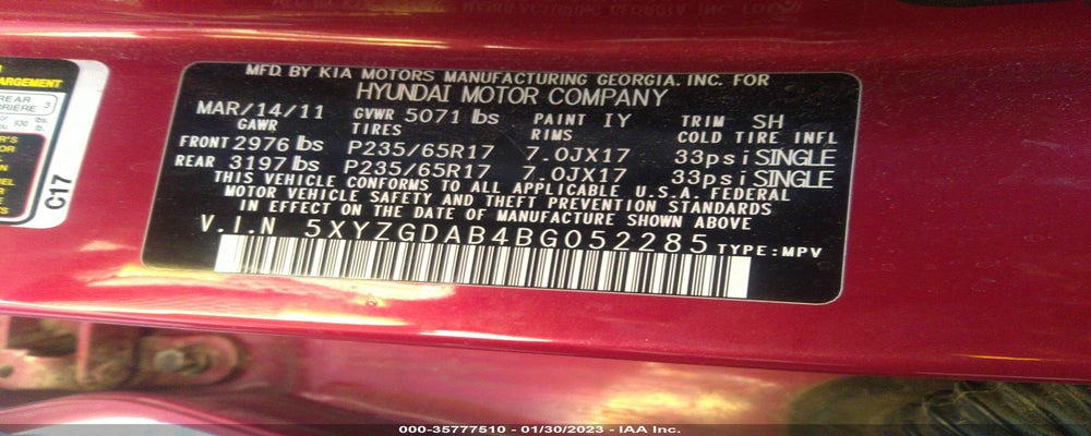 5XYZGDAB4BG052285 2011 HYUNDAI SANTA FE photo no. 9