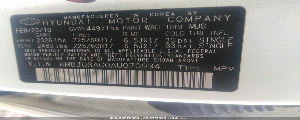KM8JU3AC0AU070994 2010 HYUNDAI TUCSON photo no. 9
