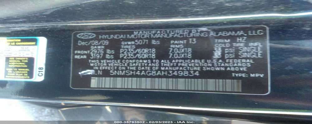 5NMSH4AG8AH349834 2010 HYUNDAI SANTA FE photo no. 9