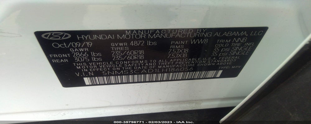 5NMS3CAD1LH186056 2020 HYUNDAI SANTA FE photo no. 9