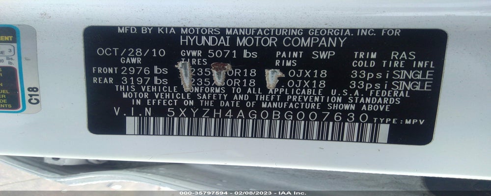 5XYZH4AG0BG007630 2011 HYUNDAI SANTA FE photo no. 9