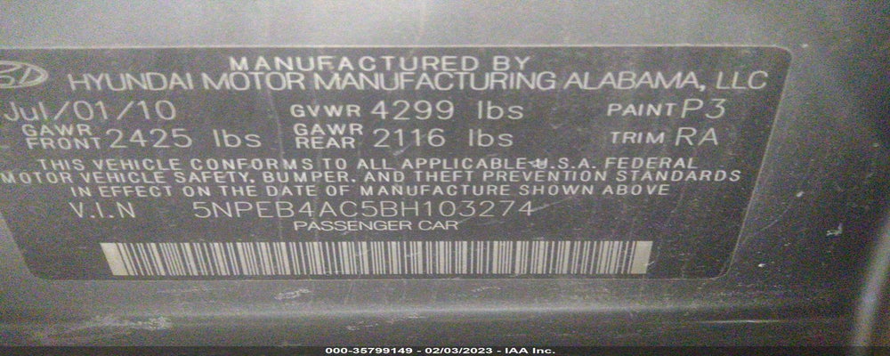 5NPEB4AC5BH103274 2011 HYUNDAI SONATA photo no. 9