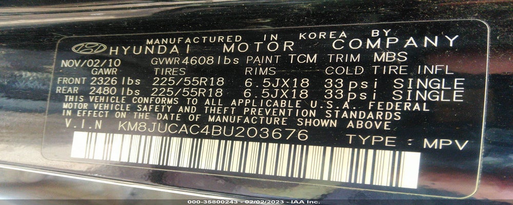 KM8JUCAC4BU203676 2011 HYUNDAI TUCSON photo no. 9