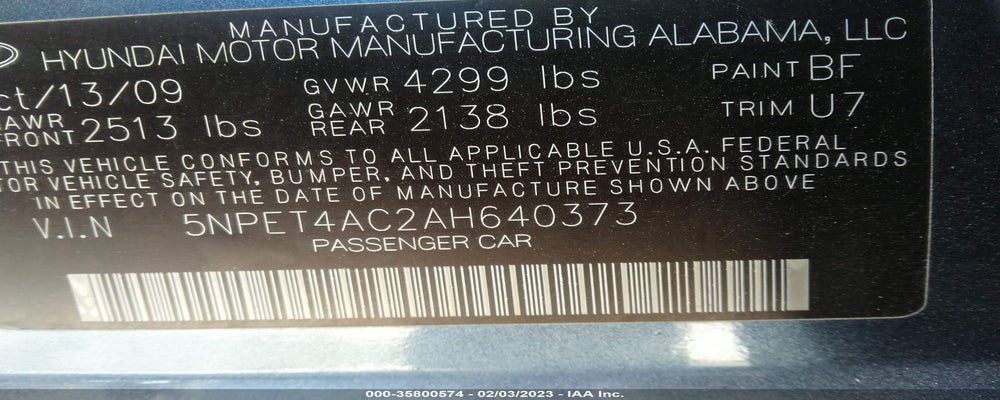 5NPET4AC2AH640373 2010 HYUNDAI SONATA photo no. 9