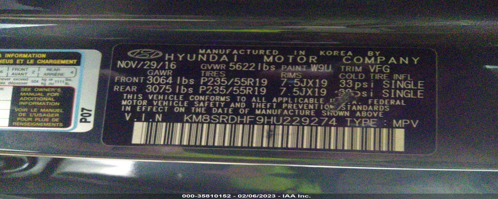 KM8SRDHF9HU229274 2017 HYUNDAI SANTA FE photo no. 9