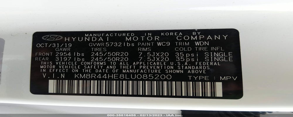 KM8R44HE8LU085200 2020 HYUNDAI PALISADE photo no. 9