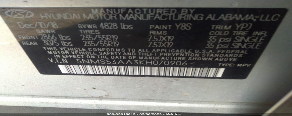 5NMS53AA3KH070906 2019 HYUNDAI SANTA FE photo no. 9