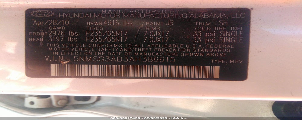 5NMSG3AB3AH386615 2010 HYUNDAI SANTA FE photo no. 9