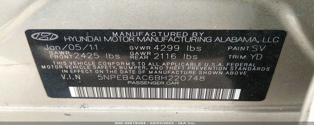 5NPEB4AC6BH220748 2011 HYUNDAI SONATA photo no. 9