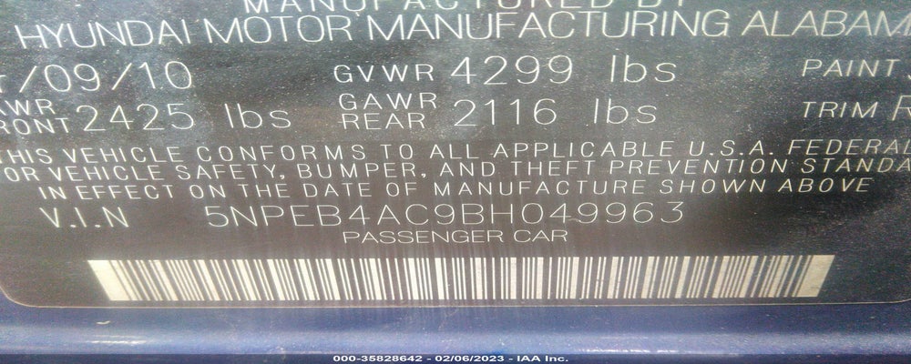 5NPEB4AC9BH049963 2011 HYUNDAI SONATA photo no. 9
