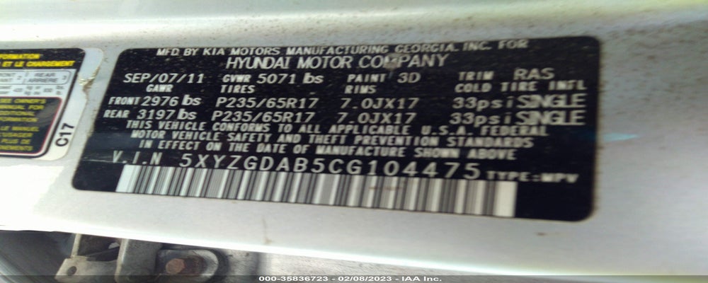 5XYZGDAB5CG104475 2012 HYUNDAI SANTA FE photo no. 9
