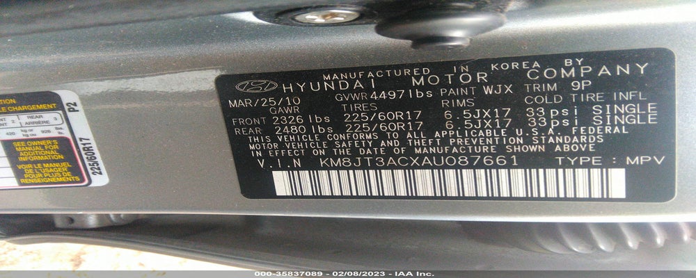 KM8JT3ACXAU087661 2010 HYUNDAI TUCSON photo no. 9
